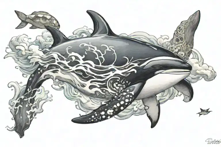 "killer whale" and "sea turtle" and three clouds surrounding tattoo design idea