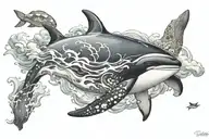 "killer whale" and "sea turtle" and three clouds surrounding tattoo design idea