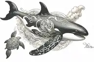 "killer whale" and "sea turtle" and three clouds surrounding tattoo design idea