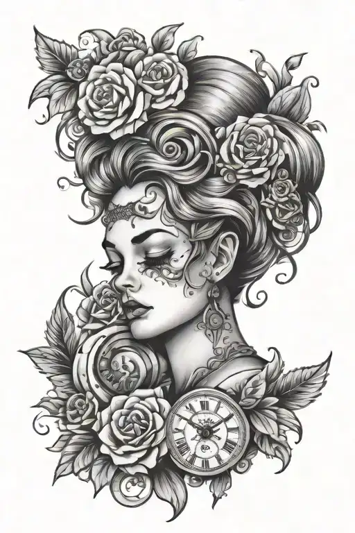 time and lady crying face tattoo design idea