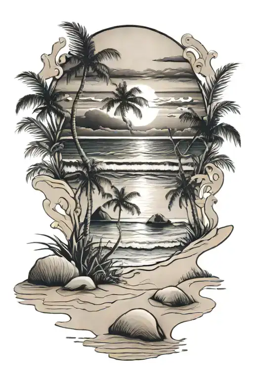 Sunrisre on sand beach scene tattoo design idea