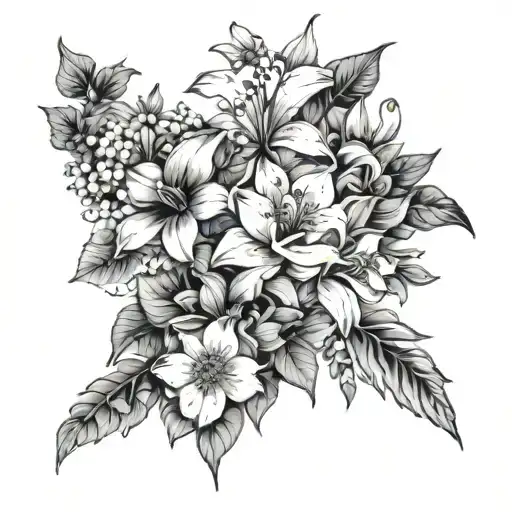 geometrical floral design with a violet, hawthorn, poppy, sweet pea, lily of the valley, daisy, aster, and gladiolus tattoo design idea