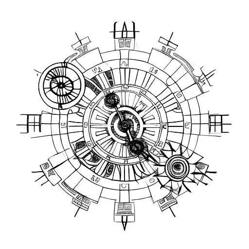 A celestial clockwork mechanism with intricate gears and planets, symbolizing the divine order of the universe tattoo design idea