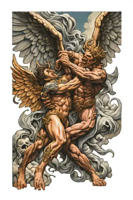 Angel fighting a demon half angel tattoo design idea
