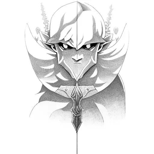 A detailed black and grey portrait of Link wielding the Master Sword in a serene forest setting tattoo design idea