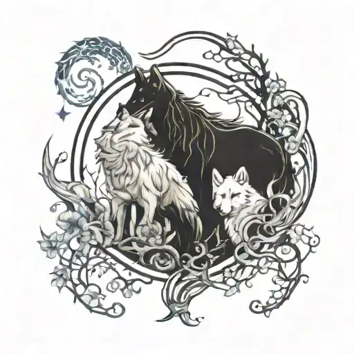 night forest with two wolfes (male and female) look like yin yang tattoo design idea