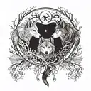 night forest with two wolfes (male and female) look like yin yang tattoo design idea