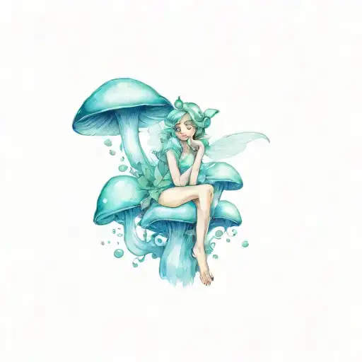 cute whimsy aesthetic mushroom fairy. colored ink. glow in the dark ink tattoo design idea