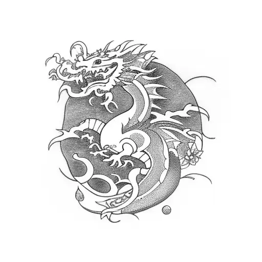 Feminine Dragon with sword with flowers tattoo design idea