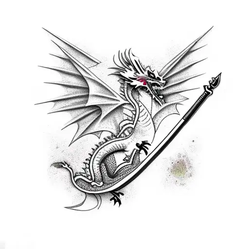 Feminine Dragon with sword with flowers tattoo design idea