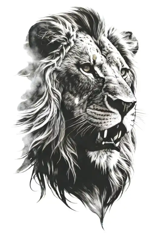big lion face portrait, ultra realistic, sence of deepness tattoo design idea