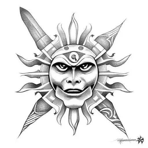 A tribal-inspired design incorporating the symbol of the sun and the pirate flag, representing strength and independence tattoo design idea