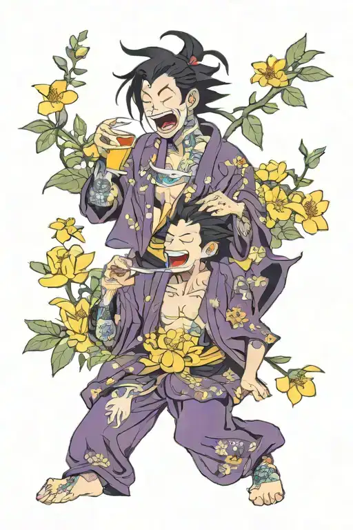 one laughing and drinking, chaos and order, Purple Heart flowers, yellow jasmine flowers, namakubi tattoo design idea