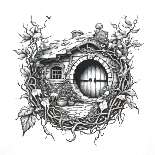 masculine looking hobbit hole surrounded with vines, thorns, leaves tattoo design idea