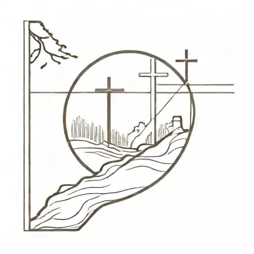 the words "Via Dolorsa" with a path cut through them that leads to a hill with three crosses on it tattoo design idea