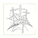 the words "Via Dolorsa" with a path cut through them that leads to a hill with three crosses on it tattoo design idea