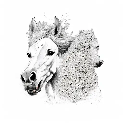 A majestic horse and loyal dog running side by side through a field of blooming flowers tattoo design idea