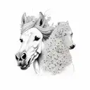 A majestic horse and loyal dog running side by side through a field of blooming flowers tattoo design idea