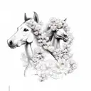 A majestic horse and loyal dog running side by side through a field of blooming flowers tattoo design idea
