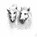 A majestic horse and loyal dog running side by side through a field of blooming flowers tattoo design idea