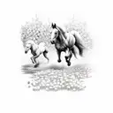 A majestic horse and loyal dog running side by side through a field of blooming flowers tattoo design idea