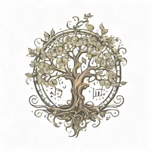 A steam punk-inspired tree of life with musical notes flowing through the branches tattoo design idea