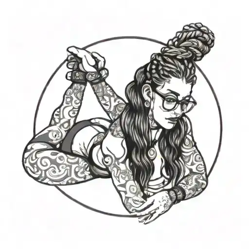 A coquettish brunette with glasses and braids, in seductive underwear, holding a dildo and posing for a livestream, in a blackwork design tattoo design idea