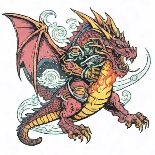 A cosmic firefighter battling a fire-breathing dragon in space tattoo design idea