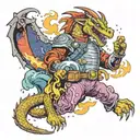A cosmic firefighter battling a fire-breathing dragon in space tattoo design idea