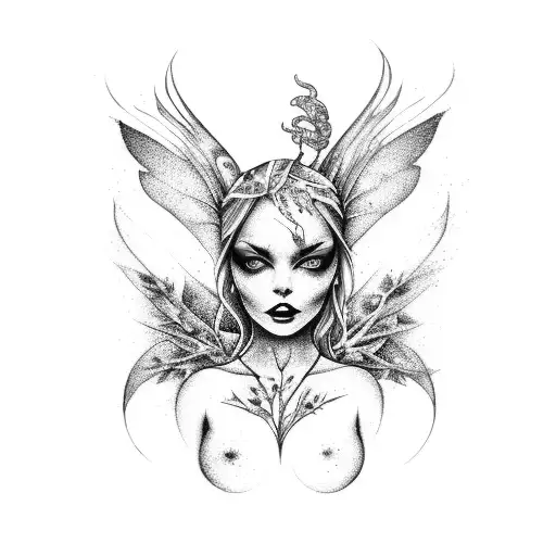 dark fairy laying horizontally on a branch tattoo design idea