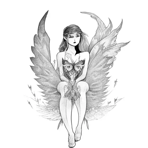 simple dark fairy imp laying down on a branch large wings tattoo design idea