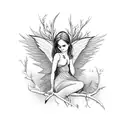 simple dark fairy imp laying on a branch large wings tattoo design idea