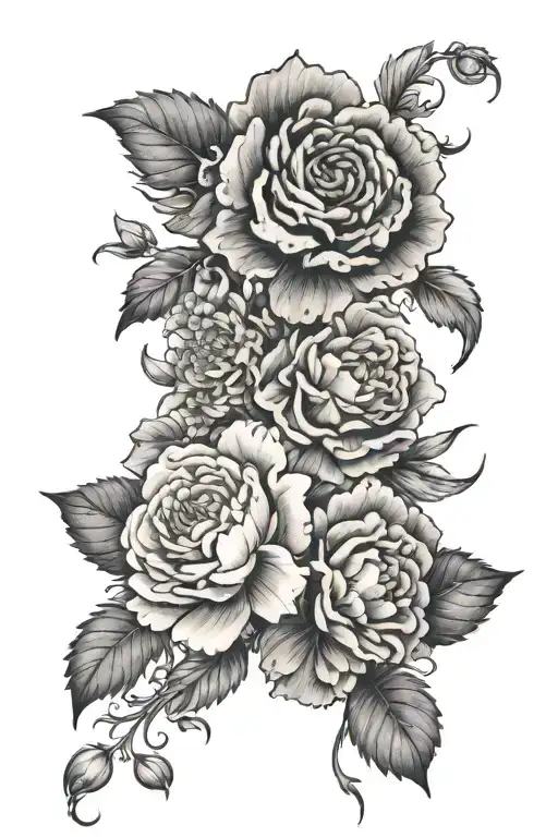 marigolds roses peony's violets and carnations  tattoo design idea