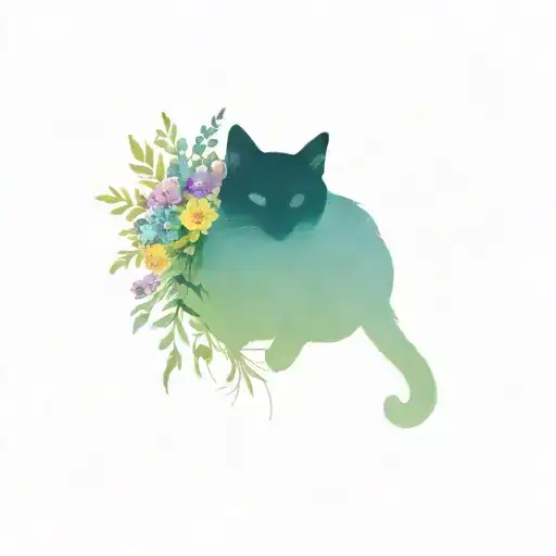 A bouquet with wild flowers.  In front of it sits one small black cat Around the cat are 5 small hearts in de colors pur tattoo design idea