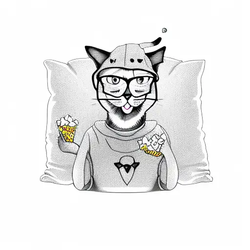 human person wearing a cat themed onesie eating popcorn tattoo design idea