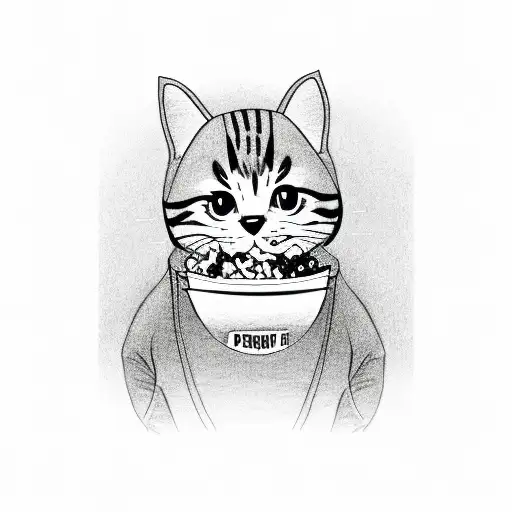 line sketch of a persob wearing a cat onesie eating popcorn tattoo design idea