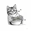 line sketch of a persob wearing a cat onesie eating popcorn tattoo design idea