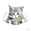 line sketch of a persob wearing a cat onesie eating popcorn tattoo design idea