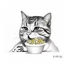 line sketch of a persob wearing a cat onesie eating popcorn tattoo design idea