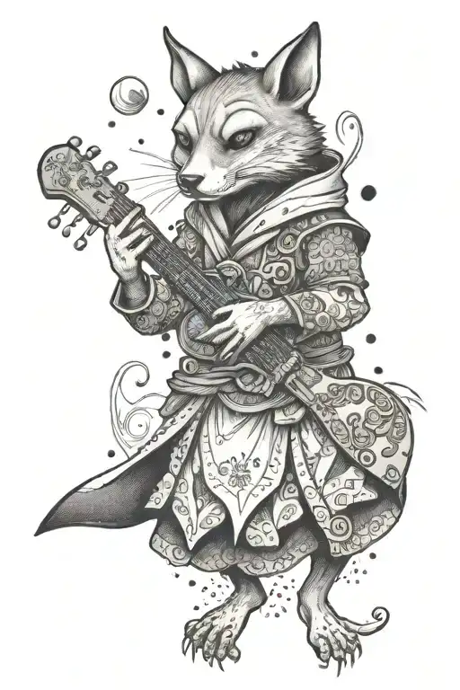 A forearm tattoo that will feature a samurai toad, a kitsune fox, a mouse with a guitar and a cute otter in a dress tattoo design idea