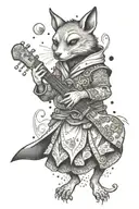 A forearm tattoo that will feature a samurai toad, a kitsune fox, a mouse with a guitar and a cute otter in a dress tattoo design idea