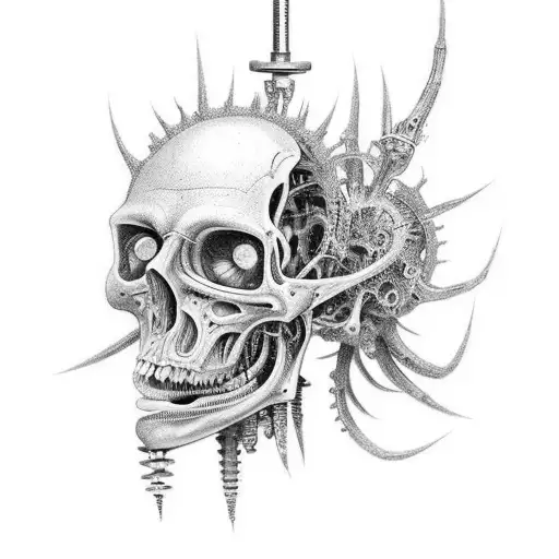 Biomechanical corpse impaled on spike tattoo design idea