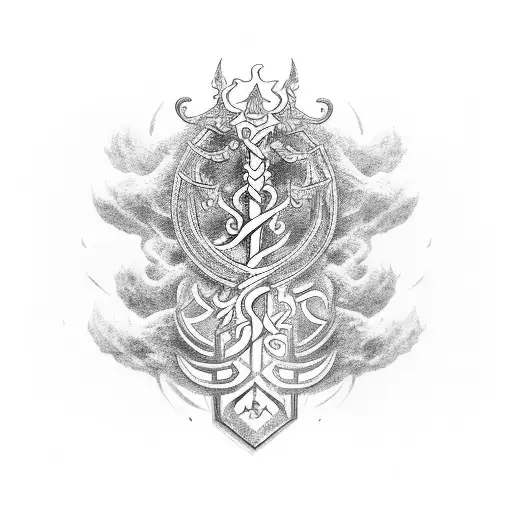 Handheld Ancient Magical Caduceus staff forged from a Magical Baobab tree, decorated Shinto style and wielded powerfully tattoo design idea
