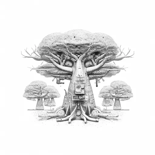 Hospital Corpsman in a clinic carved into a baobab tree. Apothecary Avatar style tattoo design idea