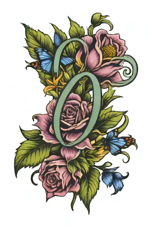 the letters L E J M with a rose, iris flower, aster, and daffodil  tattoo design idea