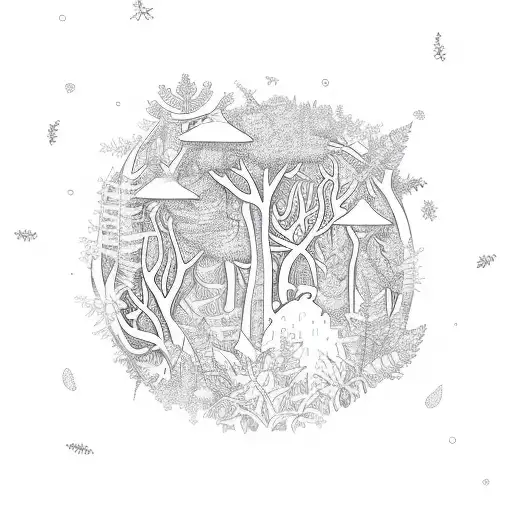 A magical forest scene with biotechnology symbols hidden in the foliage tattoo design idea