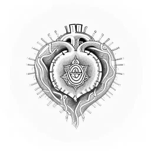 An anatomical heart surrounded by sacred Hindu symbols tattoo design idea