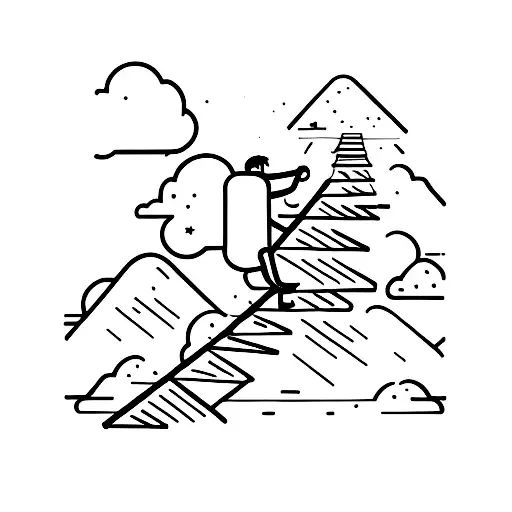 A boy climbing a stone staircase, some steps are made up of people's hands, at the end of the stairs a dark door with st tattoo design idea