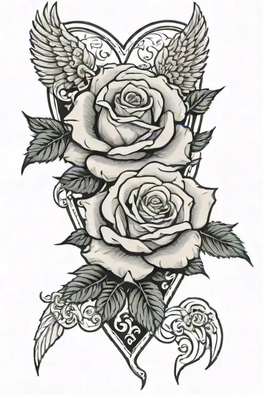 white rose within a heart with angel wings spread tattoo design idea