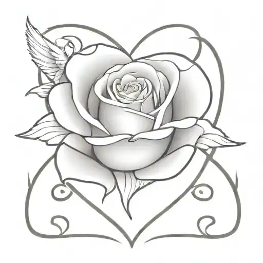 white rose within a heart with angel wings spread tattoo design idea